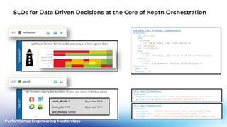 Performance Engineering Masterclass
SLOs for Data Driven Decisions at the Core of Keptn Orchestration
sli.yaml (Dynatrace)
indicators:
error_rate: "builtin:service.errors.total.count:merge(0):avg"
count_dbcalls: "calc:service.toptestdbcalls:merge(0):sum"
jvm_memory: "builtin:tech.jvm.memory.pool.committed:merge(0):sum"
slo.yaml (SLI Provider independent)
objectives:
- sli: error_rate
pass:
- criteria:
- "<=1“ # We expect a max error rate of 1%
- sli: jvm_memory
- sli: count_dbcalls
pass:
- criteria:
- "=+2%" # We allow a 2% increase in DB Calls between builds
warning:
- criteria:
- "<=10" # We expect no more than 10 DB Calls per TX
total_score:
pass: "90%"
warning: "75%"
sli.yaml (Prometheus)
indicators:
http_requests_total_sucess: http_requests_total{status="success"}
go_routines: go_goroutines{job="$SERVICE-$PROJECT-$STAGE"}
SLI Providers: Query SLIs based on sli.yaml and return individual values
Lighthouse Service: Retrieves SLIs and compares them against SLOs
...
*get-sli*
*evaluation*
count_dbcalls: 5
jvm_memory: 360MB
error_rate: 4.3% sli_y: value for Y
sli_x: value for X
 