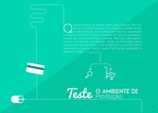 14
Teste o Ambiente de
Produção
Q
uando todos os testes forem executados com su-
cesso, o próximo passo é configurar e testar as áre-
as de produção como áreas de negócio, operações
e desenvolvimento. Cada uma deve ter seus requisitos re-
lativos ao monitoramento e alertas. Atenção para garan-
tir que na fase de preparação, todas as medições sejam
capturadas corretamente, que os alertas funcionem como
esperado e que os dados sejam facilmente acessíveis a
todas as áreas.
 