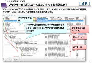 ユーザエクスペリエンス
   ブラウザーからSQLコールまで、すべてお見通しさ！                 Technology and Knowledge for Tomorrow




トランザクションをブラウザからDBアクセス (SQL) まで、エンドツーエンドでリアルタイムに紐付け。
アプリケーション、SQLのレベルで性能の問題箇所を分析。

         ブラウザでの操
         作

               ブラウザ上の操作から、サーバを横断するエ
               ンドツーエンドのトランザクション処理を関連     ブラウザからの
               付けます                      アクセス


                                          Web サーバ



                                          AP サーバ




                                                                              7
 