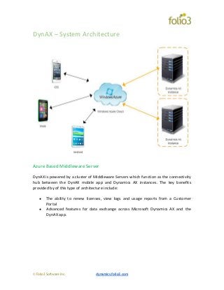 © Folio3 Software Inc. dynamics.folio3.com
DynAX – System Architecture
Azure Based Middleware Server
DynAX is powered by a cluster of Middleware Servers which function as the connectivity
hub between the DynAX mobile app and Dynamics AX instances. The key benefits
provided by of this type of architecture include:
● The ability to renew licenses, view logs and usage reports from a Customer
Portal
● Advanced features for data exchange across Microsoft Dynamics AX and the
DynAX app.
 