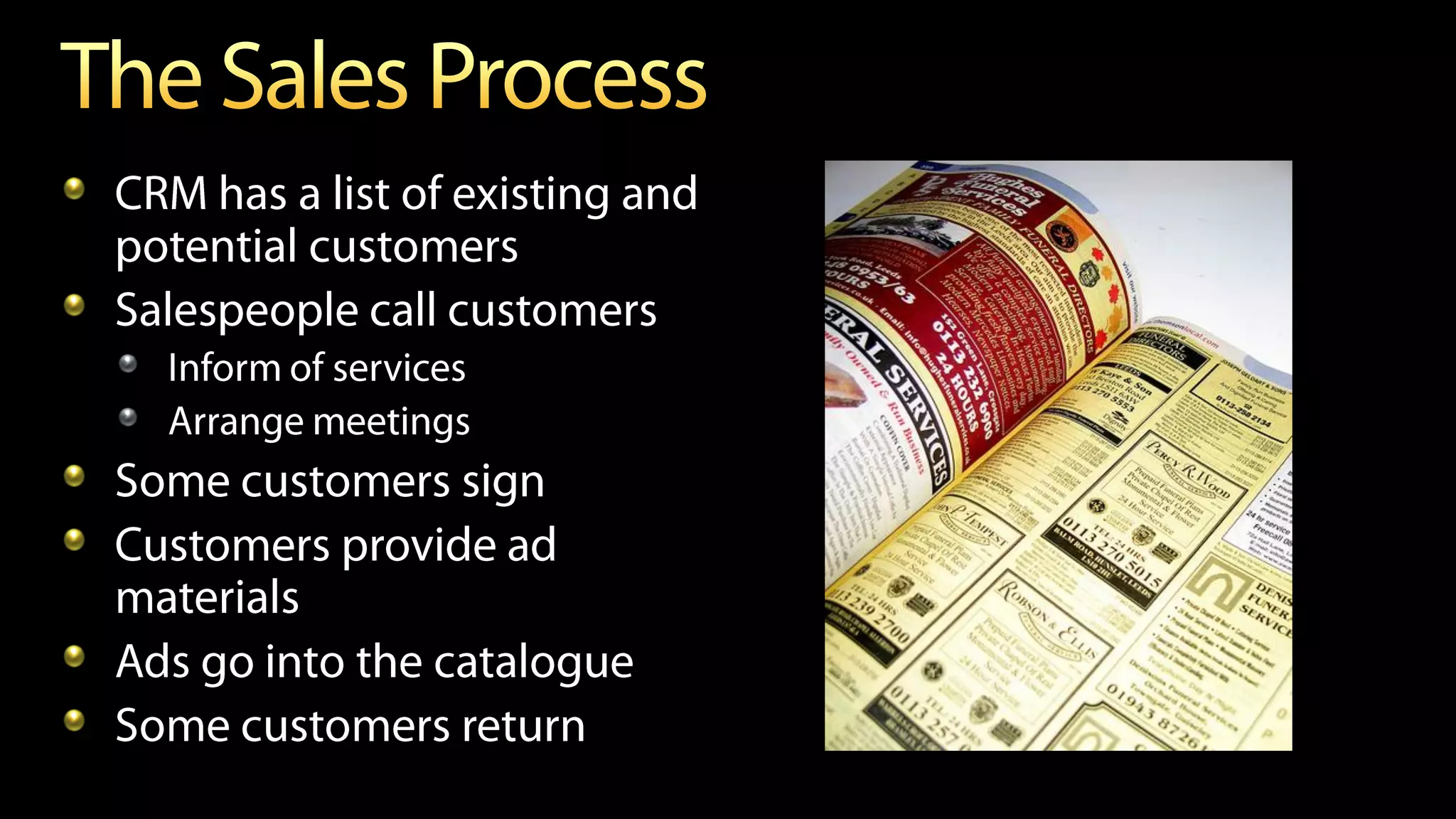 CRM has a list of existing and
potential customers
Salespeople call customers
  Inform of services
  Arrange meetings
Some customers sign
Customers provide ad
materials
Ads go into the catalogue
Some customers return
 