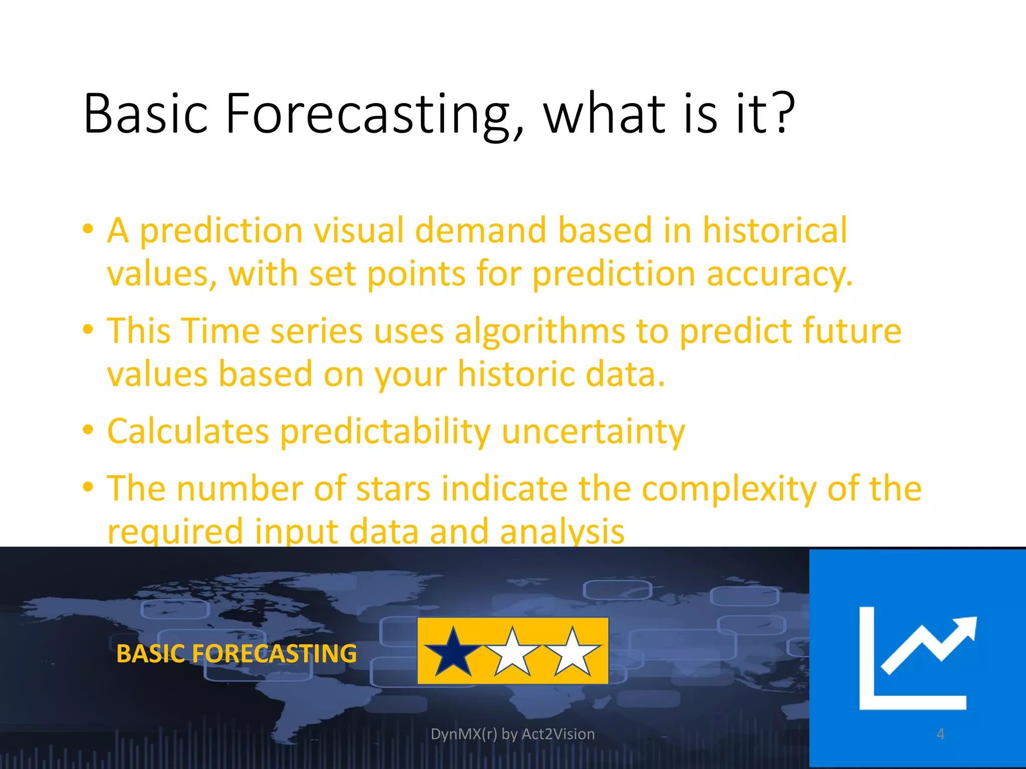 Basic Forecasting, what is it?
• A prediction visual demand based in historical
values, with set points for prediction accuracy.
• This Time series uses algorithms to predict future
values based on your historic data.
• Calculates predictability uncertainty
• The number of stars indicate the complexity of the
required input data and analysis
BASIC FORECASTING
DynMX(r) by Act2Vision 4
 