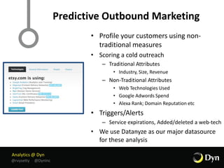 Analytics @ Dyn
@rvysetty @DynInc
Predictive Outbound Marketing
• Profile your customers using non-
traditional measures
• Scoring a cold outreach
– Traditional Attributes
• Industry, Size, Revenue
– Non-Traditional Attributes
• Web Technologies Used
• Google Adwords Spend
• Alexa Rank; Domain Reputation etc
• Triggers/Alerts
– Service expirations, Added/deleted a web-tech
• We use Datanyze as our major datasource
for these analysis
 