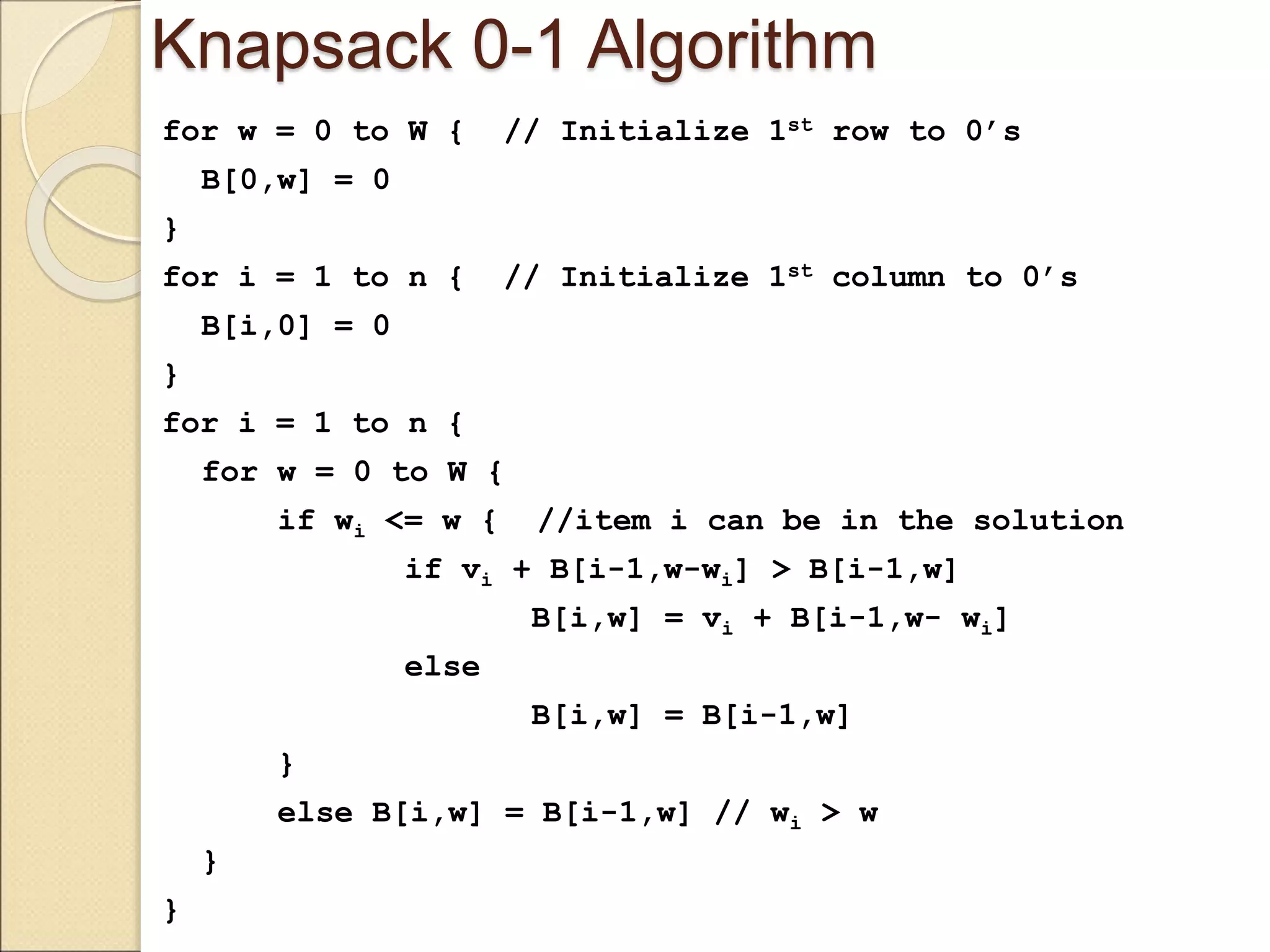 Knapsack 0-1 Algorithm
for w = 0 to W { // Initialize 1st row to 0’s
B[0,w] = 0
}
for i = 1 to n { // Initialize 1st column to 0’s
B[i,0] = 0
}
for i = 1 to n {
for w = 0 to W {
if wi <= w { //item i can be in the solution
if vi + B[i-1,w-wi] > B[i-1,w]
B[i,w] = vi + B[i-1,w- wi]
else
B[i,w] = B[i-1,w]
}
else B[i,w] = B[i-1,w] // wi > w
}
}
 