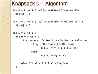 Knapsack 0-1 Algorithm
for w = 0 to W { // Initialize 1st row to 0’s
B[0,w] = 0
}
for i = 1 to n { // Initialize 1st column to 0’s
B[i,0] = 0
}
for i = 1 to n {
for w = 0 to W {
if wi <= w { //item i can be in the solution
if vi + B[i-1,w-wi] > B[i-1,w]
B[i,w] = vi + B[i-1,w- wi]
else
B[i,w] = B[i-1,w]
}
else B[i,w] = B[i-1,w] // wi > w
}
}
 