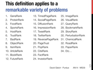 This deﬁnition applies to a
remarkable variety of problems
1.  GeneRank 
2.  ProteinRank 
3.  FoodRank 
4.  SportsRank 
5.  HostRank 
6.  TrustRank 
7.  BadRank 
8.  ObjectRank 
9.  ItemRank 
10.  ArticleRank 
11.  BookRank 
12.  FutureRank 
13.  TimedPageRank 
14.  SocialPageRank 
15.  DiffusionRank 
16.  ImpressionRank 
17.  TweetRank 
18.  TwitterRank 
19.  ReversePageRank 
20.  PageTrust 
21.  PopRank 
22.  CiteRank 
23.  FactRank 
24.  InvestorRank 
25.  ImageRank 
26.  VisualRank 
27.  QueryRank 
28.  BookmarkRank
29.  StoryRank 
30.  PerturbationRank 
31.  ChemicalRank 
32.  RoadRank 
33.  PaperRank
34.  Etc…
12
David Gleich · Purdue 
 AN14 · MS59
 