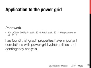 Application to the power grid
Prior work 
•  Kim, Obah, 2007; Jin et al., 2010; Adolf et al., 2011; Halappanavar et
al., 2012
has found that graph properties have important
correlations with power-grid vulnerabilities and
contingency analysis
8
David Gleich · Purdue 
 AN14 · MS59
 
