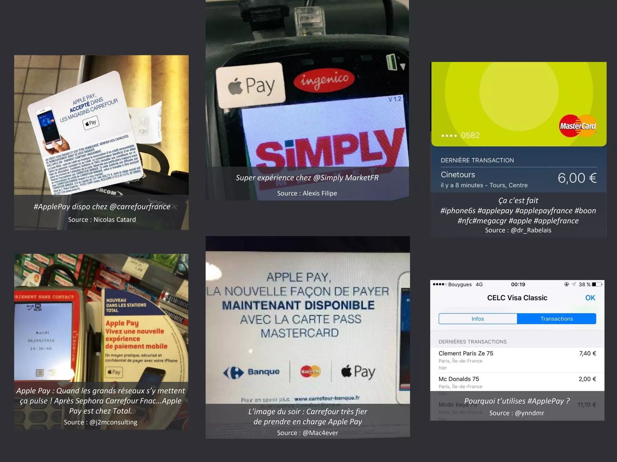 Ça c'est fait
#iphone6s #applepay #applepayfrance #boon
#nfc#megacgr #apple #applefrance
Source : @dr_Rabelais
Pourquoi t’utilises #ApplePay ?
Source : @ynndmr
Super expérience chez @Simply MarketFR
Source : Alexis Filipe
L’image du soir : Carrefour très fier
de prendre en charge Apple Pay
Source : @Mac4ever
#ApplePay dispo chez @carrefourfrance
Source : Nicolas Catard
Apple Pay : Quand les grands réseaux s’y mettent
ça pulse ! Après Sephora Carrefour Fnac…Apple
Pay est chez Total.
Source : @j2mconsulting
 