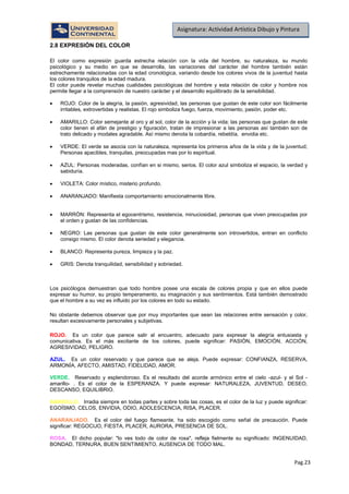 Pag.23
Asignatura: Actividad Artística Dibujo y Pintura
2.8 EXPRESIÓN DEL COLOR
El color como expresión guarda estrecha relación con la vida del hombre, su naturaleza, su mundo
psicológico y su medio en que se desarrolla, las variaciones del carácter del hombre también están
estrechamente relacionadas con la edad cronológica, variando desde los colores vivos de la juventud hasta
los colores tranquilos de la edad madura.
El color puede revelar muchas cualidades psicológicas del hombre y esta relación de color y hombre nos
permite llegar a la comprensión de nuestro carácter y el desarrollo equilibrado de la sensibilidad.
• ROJO: Color de la alegría, la pasión, agresividad, las personas que gustan de este color son fácilmente
irritables, extrovertidas y realistas. El rojo simboliza fuego, fuerza, movimiento, pasión, poder etc.
• AMARILLO: Color semejante al oro y al sol, color de la acción y la vida; las personas que gustan de este
color tienen el afán de prestigio y figuración, tratan de impresionar a las personas así también son de
trato delicado y modales agradable. Así mismo denota la cobardía, rebeldía, envidia etc.
• VERDE: El verde se asocia con la naturaleza, representa los primeros años de la vida y de la juventud;
Personas apacibles, tranquilas, preocupadas mas por lo espiritual.
• AZUL: Personas moderadas, confían en si mismo, serios. El color azul simboliza el espacio, la verdad y
sabiduría.
• VIOLETA: Color místico, misterio profundo.
• ANARANJADO: Manifiesta comportamiento emocionalmente libre.
• MARRÓN: Representa el egocentrismo, resistencia, minuciosidad, personas que viven preocupadas por
el orden y gustan de las confidencias.
• NEGRO: Las personas que gustan de este color generalmente son introvertidos, entran en conflicto
consigo mismo. El color denota seriedad y elegancia.
• BLANCO: Representa pureza, limpieza y la paz.
• GRIS: Denota tranquilidad, sensibilidad y sobriedad.
Los psicólogos demuestran que todo hombre posee una escala de colores propia y que en ellos puede
expresar su humor, su propio temperamento, su imaginación y sus sentimientos. Está también demostrado
que el hombre a su vez es influido por los colores en todo su estado.
No obstante debemos observar que por muy importantes que sean las relaciones entre sensación y color,
resultan excesivamente personales y subjetivas.
ROJO. Es un color que parece salir al encuentro, adecuado para expresar la alegría entusiasta y
comunicativa. Es el más excitante de los colores, puede significar: PASIÓN, EMOCIÓN, ACCIÓN,
AGRESIVIDAD, PELIGRO.
AZUL. Es un color reservado y que parece que se aleja. Puede expresar: CONFIANZA, RESERVA,
ARMONÍA, AFECTO, AMISTAD, FIDELIDAD, AMOR.
VERDE. Reservado y esplendoroso. Es el resultado del acorde armónico entre el cielo -azul- y el Sol -
amarillo- . Es el color de la ESPERANZA. Y puede expresar: NATURALEZA, JUVENTUD, DESEO,
DESCANSO, EQUILIBRIO.
AMARILLO. Irradia siempre en todas partes y sobre toda las cosas, es el color de la luz y puede significar:
EGOÍSMO, CELOS, ENVIDIA, ODIO, ADOLESCENCIA, RISA, PLACER.
ANARANJADO. Es el color del fuego flameante, ha sido escogido como señal de precaución. Puede
significar: REGOCIJO, FIESTA, PLACER, AURORA, PRESENCIA DE SOL.
ROSA. El dicho popular: "lo ves todo de color de rosa", refleja fielmente su significado: INGENUIDAD,
BONDAD, TERNURA, BUEN SENTIMIENTO, AUSENCIA DE TODO MAL.
 