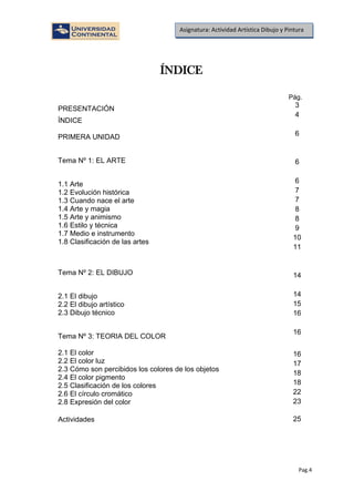 Pag.4
Asignatura: Actividad Artística Dibujo y Pintura
ÍNDICE
Pág.
PRESENTACIÓN
ÍNDICE
PRIMERA UNIDAD
Tema Nº 1: EL ARTE
1.1 Arte
1.2 Evolución histórica
1.3 Cuando nace el arte
1.4 Arte y magia
1.5 Arte y animismo
1.6 Estilo y técnica
1.8 Clasificación de las artes
1.7 Medio e instrumento
Tema Nº 2: EL DIBUJO
2.1 El dibujo
2.2 El dibujo artístico
2.3 Dibujo técnico
Tema Nº 3: TEORIA DEL COLOR
2.1 El color
2.2 El color luz
2.3 Cómo son percibidos los colores de los objetos
2.4 El color pigmento
2.5 Clasificación de los colores
2.6 El círculo cromático
2.8 Expresión del color
Actividades
3
4
6
6
6
7
7
8
8
9
10
11
14
14
15
16
16
16
17
18
18
22
23
25
 