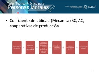 • Coeficiente de utilidad (Mecánica) SC, AC,
cooperativas de producción
32
Utilidad fiscal
del ejercicio
Deducción
inmediata
RM I.3.3.2.6
Anticipos y
rendimientos
distribuidos a
sus miembros
en los
términos de
LISR 110
fracción II
Utilidad para
cálculo de
coeficiente
Ingresos
nominales del
ejercicio
Coeficiente de
utilidad
 