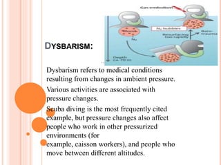 DYSBARISM:
Dysbarism refers to medical conditions
resulting from changes in ambient pressure.
Various activities are associated with
pressure changes.
Scuba diving is the most frequently cited
example, but pressure changes also affect
people who work in other pressurized
environments (for
example, caisson workers), and people who
move between different altitudes.
 