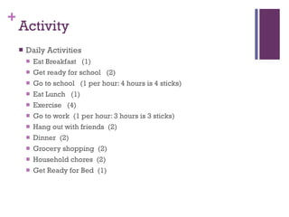 Activity Daily Activities Eat Breakfast  (1) Get ready for school  (2) Go to school  (1 per hour: 4 hours is 4 sticks) Eat Lunch  (1) Exercise  (4) Go to work  (1 per hour: 3 hours is 3 sticks) Hang out with friends  (2) Dinner  (2) Grocery shopping  (2) Household chores  (2) Get Ready for Bed  (1) 