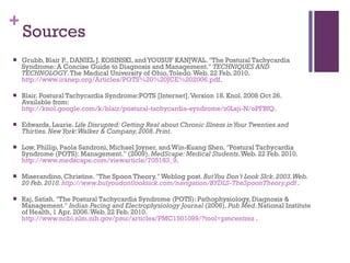 Sources Grubb, Blair P., DANIEL J. KOSINSKI, and YOUSUF KANJWAL. "The Postural Tachycardia Syndrome: A Concise Guide to Diagnosis and Management."  TECHNIQUES AND TECHNOLOGY . The Medical University of Ohio, Toledo. Web. 22 Feb. 2010.  http://www.iranep.org/Articles/POTS%20%20JCE%202006.pdf . Blair. Postural Tachycardia Syndrome:POTS [Internet]. Version 18. Knol. 2008 Oct 26. Available from:  http://knol.google.com/k/blair/postural-tachycardia-syndrome/z0Lsji-N/oPFBfQ . Edwards, Laurie.  Life Disrupted: Getting Real about Chronic Illness in Your Twenties and Thirties. New York: Walker & Company, 2008. Print. Low, Phillip, Paola Sandroni, Michael Joyner, and Win-Kuang Shen. "Postural Tachycardia Syndrome (POTS): Management." (2009).  MedScape: Medical Students . Web. 22 Feb. 2010.  http://www.medscape.com/viewarticle/705183_9 . Miserandino, Christine. "The Spoon Theory." Weblog post.  But You Don't Look SIck. 2003. Web. 20 Feb. 2010.  http://www.butyoudontlooksick.com/navigation/BYDLS-TheSpoonTheory.pdf  . Raj, Satish. "The Postural Tachycardia Syndrome (POTS): Pathophysiology, Diagnosis & Management."  Indian Pacing and Electrophysiology Journal  (2006).  Pub Med . National Institute of Health, 1 Apr. 2006. Web. 22 Feb. 2010.  http://www.ncbi.nlm.nih.gov/pmc/articles/PMC1501099/?tool=pmcentrez  .  