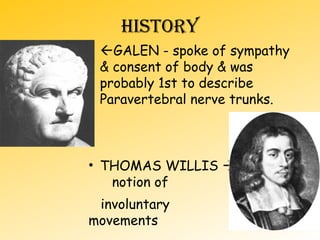 HISTORY
• GALEN - spoke of sympathy
& consent of body & was
probably 1st to describe
Paravertebral nerve trunks.
• THOMAS WILLIS 
notion of
involuntary
movements
 