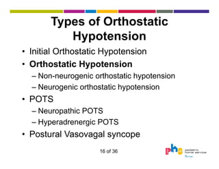 Types of Orthostatic
Hypotension
• Initial Orthostatic Hypotension
• Orthostatic Hypotension
– Non-neurogenic orthostatic hypotension
– Neurogenic orthostatic hypotension

• POTS
– Neuropathic POTS
– Hyperadrenergic POTS

• Postural Vasovagal syncope
16 of 36

 