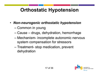 Orthostatic Hypotension
• Non-neurogenic orthostatic hypotension
– Common in young
– Cause – drugs, dehydration, hemorrhage
– Mechanism- incomplete autonomic nervous
system compensation for stressors
– Treatment- stop medication, prevent
dehydration

17 of 36

 