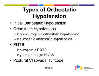 Types of Orthostatic
Hypotension
• Initial Orthostatic Hypotension
• Orthostatic Hypotension
– Non-neurogenic orthostatic hypotension
– Neurogenic orthostatic hypotension

• POTS
– Neuropathic POTS
– Hyperadrenergic POTS

• Postural Vasovagal syncope
19 of 36

 