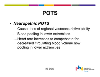 POTS
• Neuropathic POTS
– Cause- loss of regional vasoconstrictive ability
– Blood pooling in lower extremities
– Heart rate increases to compensate for
decreased circulating blood volume now
pooling in lower extremities

26 of 36

 