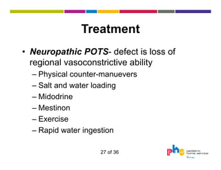 Treatment
• Neuropathic POTS- defect is loss of
regional vasoconstrictive ability
– Physical counter-manuevers
– Salt and water loading
– Midodrine
– Mestinon
– Exercise
– Rapid water ingestion
27 of 36

 