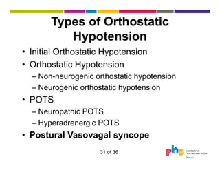 Types of Orthostatic
Hypotension
• Initial Orthostatic Hypotension
• Orthostatic Hypotension
– Non-neurogenic orthostatic hypotension
– Neurogenic orthostatic hypotension

• POTS
– Neuropathic POTS
– Hyperadrenergic POTS

• Postural Vasovagal syncope
31 of 36

 