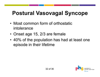 Postural Vasovagal Syncope
• Most common form of orthostatic
intolerance
• Onset age 15, 2/3 are female
• 40% of the population has had at least one
episode in their lifetime

32 of 36

 