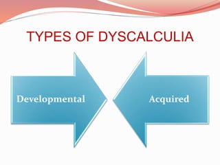 TYPES OF DYSCALCULIA
Developmental Acquired
 