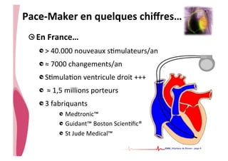 • CHU_Hôpitaux de Rouen - page 6
Pace-­‐Maker	
  en	
  quelques	
  chiﬀres…	
  
!  En	
  France…	
  
!  >	
  40.000	
  nouveaux	
  s%mulateurs/an	
  
!  ≈	
  7000	
  changements/an	
  
!  S%mula%on	
  ventricule	
  droit	
  +++	
  
!  	
  ≈	
  1,5	
  millions	
  porteurs	
  
!  3	
  fabriquants	
  
! Medtronic™	
  
!  Guidant™	
  Boston	
  Scien%ﬁc®	
  
!  St	
  Jude	
  Medical™	
  
 
