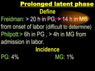 Prolonged latent phase
Define
Freidman: > 20 h in PG, > 14 h in MG
from onset of labor (difficult to determine)
Philpott:> 6h in PG , > 4h in MG from
admission in labor.
Incidence
PG: 4% MG: 1%
 