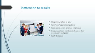 Inattention to results
 Stagnation/ failure to grow
 Rare “wins” against competitors
 Loses achievement-oriented employees
 Encourages team members to focus on their
own careers and goals
 Easily distracted
 