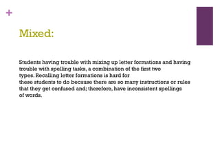 +
    Mixed:

    Students having trouble with mixing up letter formations and having
    trouble with spelling tasks, a c...
