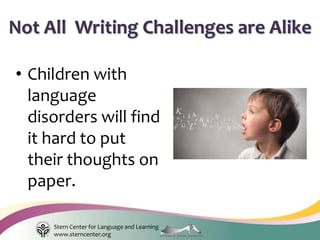 Stern Center for Language and Learning
www.sterncenter.org
• Children with
language
disorders will find
it hard to put
their thoughts on
paper.
Not All Writing Challenges are Alike
 