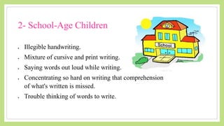  Illegible handwriting.
 Mixture of cursive and print writing.
 Saying words out loud while writing.
 Concentrating so hard on writing that comprehension
of what's written is missed.
 Trouble thinking of words to write.
2- School-Age Children
 