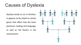 Causes of Dyslexia
Dyslexia tends to run in families.
It appears to be linked to certain
genes that affect how the brain
processes reading and language,
as well as risk factors in the
environment.
 