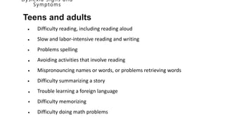 D y slexia S i g n s a n d
S y mptoms
Teens and adults
Difficulty reading, including reading aloud
Slow and labor-intensive reading and writing
Problems spelling
Avoiding activities that involve reading
Mispronouncing names or words, or problems retrieving words
Difficulty summarizing a story
Trouble learning a foreign language
Difficulty memorizing
Difficulty doing math problems
•
•
•
•
•
•
•
•
•
 