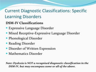 Current Diagnostic Classifications: Specific Learning Disorders DSM-IV Classifications Expressive Language Disorder Mixed Receptive-Expressive Language Disorder Phonological Disorder Reading Disorder Disorder of Written Expression Mathematics Disorder Note: Dyslexia is NOT a recognised diagnostic classification in the DSM-IV, but may encompass some or all of the above.  
