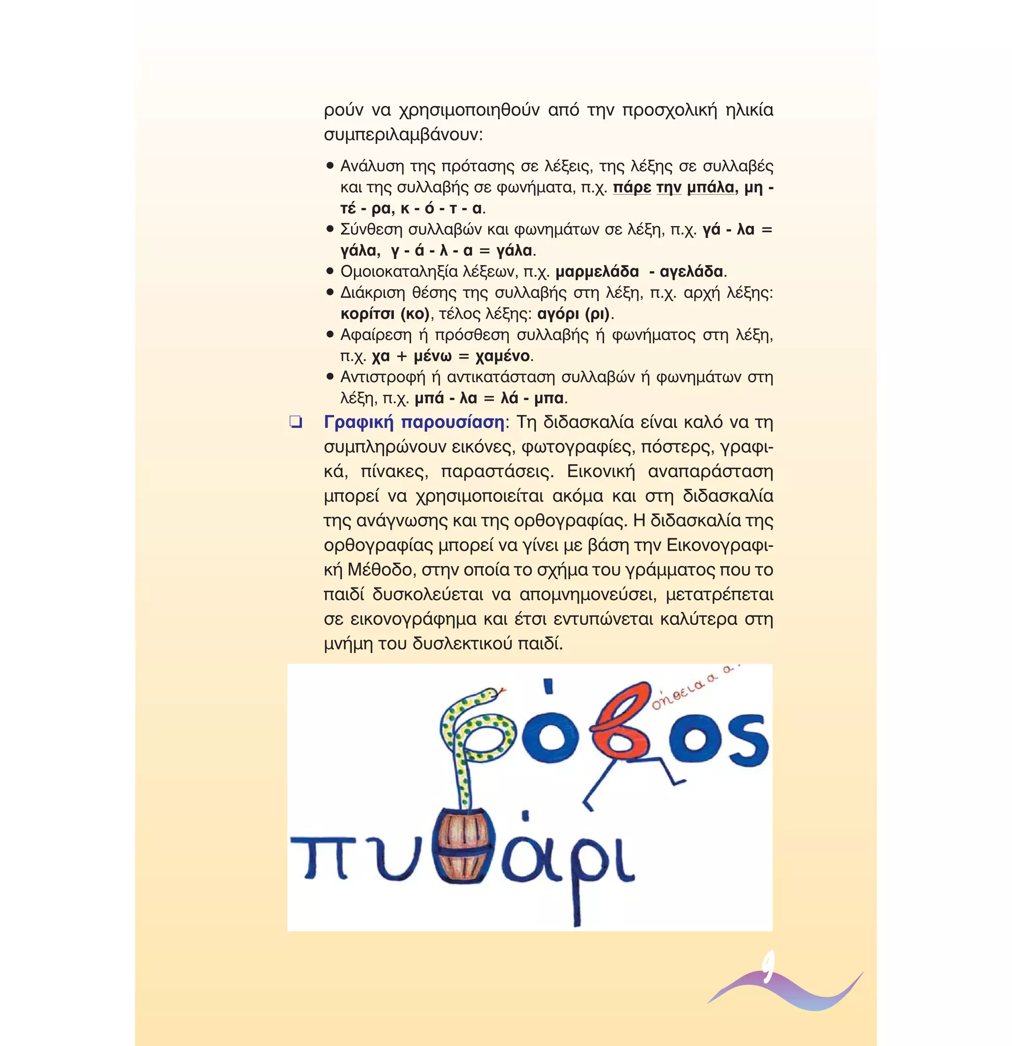 ÚÔ‡Ó Ó· ¯ÚËÛÈÌÔÔÈËıÔ‡Ó ·ﬁ ÙËÓ ÚÔÛ¯ÔÏÈÎ‹ ËÏÈÎ›·
Û˘ÌÂÚÈÏ·Ì‚¿ÓÔ˘Ó:
ñ ∞Ó¿Ï˘ÛË ÙË˜ ÚﬁÙ·ÛË˜ ÛÂ Ï¤ÍÂÈ˜, ÙË˜ Ï¤ÍË˜ ÛÂ Û˘ÏÏ·‚¤˜
Î·È ÙË˜ Û˘ÏÏ·‚‹˜ ÛÂ ÊˆÓ‹Ì·Ù·, .¯. ¿ÚÂ ÙËÓ Ì¿Ï·, ÌË Ù¤ - Ú·, Î - ﬁ - Ù - ·.
ñ ™‡ÓıÂÛË Û˘ÏÏ·‚ÒÓ Î·È ÊˆÓËÌ¿ÙˆÓ ÛÂ Ï¤ÍË, .¯. Á¿ - Ï· =
Á¿Ï·, Á - ¿ - Ï - · = Á¿Ï·.
ñ √ÌÔÈÔÎ·Ù·ÏËÍ›· Ï¤ÍÂˆÓ, .¯. Ì·ÚÌÂÏ¿‰· - ·ÁÂÏ¿‰·.
ñ ¢È¿ÎÚÈÛË ı¤ÛË˜ ÙË˜ Û˘ÏÏ·‚‹˜ ÛÙË Ï¤ÍË, .¯. ·Ú¯‹ Ï¤ÍË˜:
ÎÔÚ›ÙÛÈ (ÎÔ), Ù¤ÏÔ˜ Ï¤ÍË˜: ·ÁﬁÚÈ (ÚÈ).
ñ ∞Ê·›ÚÂÛË ‹ ÚﬁÛıÂÛË Û˘ÏÏ·‚‹˜ ‹ ÊˆÓ‹Ì·ÙÔ˜ ÛÙË Ï¤ÍË,
.¯. ¯· + Ì¤Óˆ = ¯·Ì¤ÓÔ.
ñ ∞ÓÙÈÛÙÚÔÊ‹ ‹ ·ÓÙÈÎ·Ù¿ÛÙ·ÛË Û˘ÏÏ·‚ÒÓ ‹ ÊˆÓËÌ¿ÙˆÓ ÛÙË
Ï¤ÍË, .¯. Ì¿ - Ï· = Ï¿ - Ì·.

❏

°Ú·ÊÈÎ‹ ·ÚÔ˘Û›·ÛË: ∆Ë ‰È‰·ÛÎ·Ï›· Â›Ó·È Î·Ïﬁ Ó· ÙË
Û˘ÌÏËÚÒÓÔ˘Ó ÂÈÎﬁÓÂ˜, ÊˆÙÔÁÚ·Ê›Â˜, ﬁÛÙÂÚ˜, ÁÚ·ÊÈÎ¿, ›Ó·ÎÂ˜, ·Ú·ÛÙ¿ÛÂÈ˜. ∂ÈÎÔÓÈÎ‹ ·Ó··Ú¿ÛÙ·ÛË
ÌÔÚÂ› Ó· ¯ÚËÛÈÌÔÔÈÂ›Ù·È ·ÎﬁÌ· Î·È ÛÙË ‰È‰·ÛÎ·Ï›·
ÙË˜ ·Ó¿ÁÓˆÛË˜ Î·È ÙË˜ ÔÚıÔÁÚ·Ê›·˜. ∏ ‰È‰·ÛÎ·Ï›· ÙË˜
ÔÚıÔÁÚ·Ê›·˜ ÌÔÚÂ› Ó· Á›ÓÂÈ ÌÂ ‚¿ÛË ÙËÓ ∂ÈÎÔÓÔÁÚ·ÊÈÎ‹ ª¤ıÔ‰Ô, ÛÙËÓ ÔÔ›· ÙÔ Û¯‹Ì· ÙÔ˘ ÁÚ¿ÌÌ·ÙÔ˜ Ô˘ ÙÔ
·È‰› ‰˘ÛÎÔÏÂ‡ÂÙ·È Ó· ·ÔÌÓËÌÔÓÂ‡ÛÂÈ, ÌÂÙ·ÙÚ¤ÂÙ·È
ÛÂ ÂÈÎÔÓÔÁÚ¿ÊËÌ· Î·È ¤ÙÛÈ ÂÓÙ˘ÒÓÂÙ·È Î·Ï‡ÙÂÚ· ÛÙË
ÌÓ‹ÌË ÙÔ˘ ‰˘ÛÏÂÎÙÈÎÔ‡ ·È‰›.

9

 