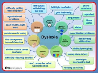 Dyslexia
Spatial/
Temporal
Memory
Difficulties
Motor
Control
ReadingSpelling
Listening
Writing
 