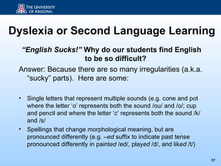 Dyslexia or Second Language Learning
  “English Sucks!” Why do our students find English
                    to be so difficult?
 Answer: Because there are so many irregularities (a.k.a.
   “sucky” parts). Here are some:

 •   Single letters that represent multiple sounds (e.g. cone and pot
     where the letter ‘o’ represents both the sound /ou/ and /o/; cup
     and pencil and where the letter ‘c’ represents both the sound /k/
     and /s/
 •   Spellings that change morphological meaning, but are
     pronounced differently (e.g. –ed suffix to indicate past tense
     pronounced differently in painted /ed/, played /d/, and liked /t/)

                                                                          17
 
