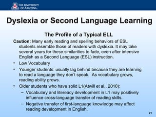 Dyslexia or Second Language Learning
                 The Profile of a Typical ELL
 Caution: Many early reading and spelling behaviors of ESL
   students resemble those of readers with dyslexia. It may take
   several years for these similarities to fade, even after intensive
   English as a Second Language (ESL) instruction.
 • Low Vocabulary
 • Younger students: usually lag behind because they are learning
   to read a language they don’t speak. As vocabulary grows,
   reading ability grows.
 • Older students who have solid L1(Atwill et al., 2010):
    – Vocabulary and litereacy development in L1 may positively
       influence cross-language transfer of reading skills.
    – Negative transfer of first-language knowledge may affect
       reading development in English.
                                                                        21
 