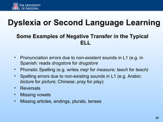 Dyslexia or Second Language Learning
     Some Examples of Negative Transfer in the Typical
                          ELL

 •    Pronunciation errors due to non-existent sounds in L1 (e.g. in
      Spanish: reads drogstore for drugstore
 •    Phonetic Spelling (e.g. writes mejr for measure; teech for teach)
 •    Spelling errors due to non-existing sounds in L1 (e.g. Arabic:
      bicture for picture; Chinese: pray for play)
 •    Reversals
 •    Missing vowels
 •    Missing articles, endings, plurals, tenses


                                                                          22
 