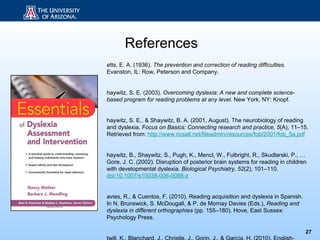 References
etts, E. A. (1936). The prevention and correction of reading difficulties.
Evanston, IL: Row, Peterson and Company.


haywitz, S. E. (2003). Overcoming dyslexia: A new and complete science-
based program for reading problems at any level. New York, NY: Knopf.


haywitz, S. E., & Shaywitz, B. A. (2001, August). The neurobiology of reading
and dyslexia. Focus on Basics: Connecting research and practice, 5(A), 11–15.
Retrieved from: http://www.ncsall.net/fileadmin/resources/fob/2001/fob_5a.pdf


haywitz, B., Shaywitz, S., Pugh, K., Mencl, W., Fulbright, R., Skudlarski, P., …
Gore, J. C. (2002). Disruption of posterior brain systems for reading in children
with developmental dyslexia. Biological Psychiatry, 52(2), 101–110.
doi:10.1007/s10038-006-0088-z


avies, R., & Cuentos, F. (2010). Reading acquisition and dyslexia in Spanish.
In N. Brunswick, S. McDougall, & P. de Mornay Davies (Eds.), Reading and
dyslexia in different orthographies (pp. 155–180). Hove, East Sussex:
Psychology Press.

                                                                                27
 