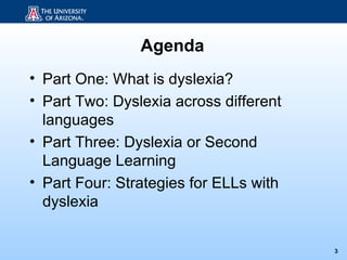 Agenda
• Part One: What is dyslexia?
• Part Two: Dyslexia across different
  languages
• Part Three: Dyslexia or Second
  Language Learning
• Part Four: Strategies for ELLs with
  dyslexia


                                        3
 