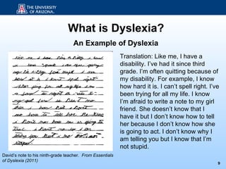 What is Dyslexia?
                                   An Example of Dyslexia
                                                           Translation: Like me, I have a
                                                           disability. I’ve had it since third
                                                           grade. I’m often quitting because of
                                                           my disability. For example, I know
                                                           how hard it is. I can’t spell right. I’ve
                                                           been trying for all my life. I know
                                                           I’m afraid to write a note to my girl
                                                           friend. She doesn’t know that I
                                                           have it but I don’t know how to tell
                                                           her because I don’t know how she
                                                           is going to act. I don’t know why I
                                                           am telling you but I know that I’m
                                                           not stupid.
David’s note to his ninth-grade teacher. From Essentials
of Dyslexia (2011)
                                                                                                   9
 