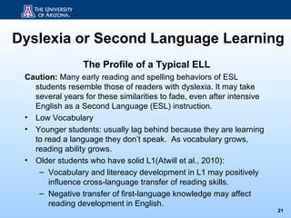 Dyslexia or Second Language Learning
                 The Profile of a Typical ELL
 Caution: Many early reading and spelli...