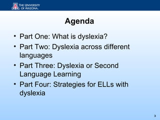 Agenda
• Part One: What is dyslexia?
• Part Two: Dyslexia across different
  languages
• Part Three: Dyslexia or Second
  ...