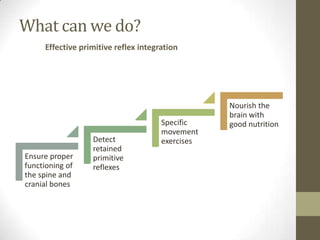 What can we do?
     Effective primitive reflex integration




                                                  Nourish the
                                                  brain with
                                      Specific    good nutrition
                                      movement
                  Detect              exercises
                  retained
Ensure proper     primitive
functioning of    reflexes
the spine and
cranial bones
 