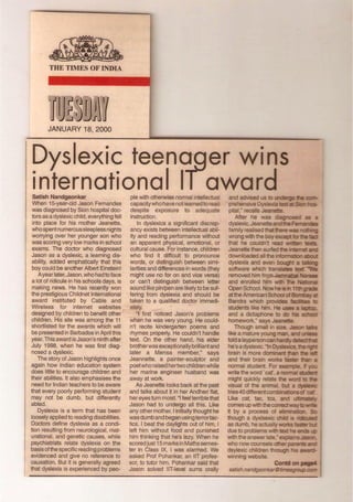 DYSLEXIC TEENAGER WINS INTERNATIONAL IT AWARD - 	The Times Of India 