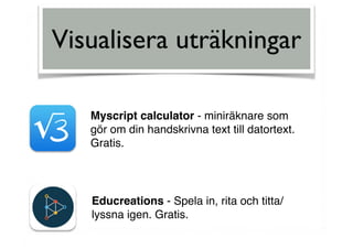 Visualisera uträkningar
Myscript calculator - miniräknare som
gör om din handskrivna text till datortext.
Gratis.
Educreations - Spela in, rita och titta/
lyssna igen. Gratis.
 