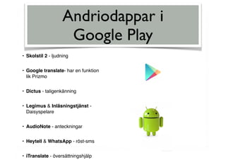 Andriodappar i  
Google Play
• Skolstil 2 - ljudning
• Google translate- har en funktion
lik Prizmo
• Dictus - taligenkänning
• Legimus & Inläsningstjänst -
Daisyspelare
• AudioNote - anteckningar
• Heytell & WhatsApp - röst-sms
• iTranslate - översättningshjälp
 